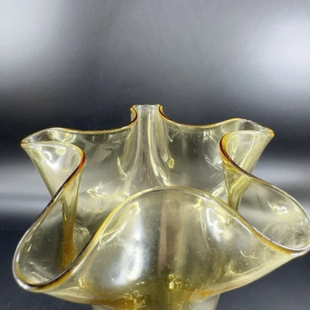 Mid Century Amber Art Glass Vase With Ruffled Top Edges‎ Hand Blown Glass Decor